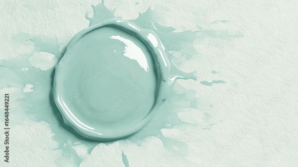 Poster paint splatter creating round shape with liquid edge on textured paper