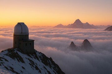 Observatory Dome Above Sea of Clouds at Sunset
