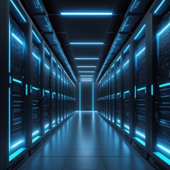 Fototapeta premium Futuristic Data Center Aisle Cobalt–Cyan 1:1