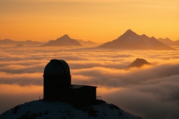 Observatory Dome Above Sea of Clouds at Sunset