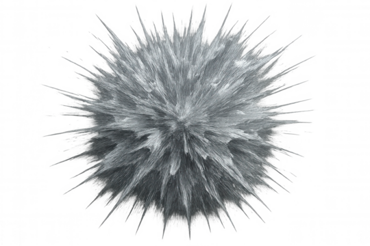 Gray sphere exploding with spiky texture on transparent background, creating an abstract and dynamic visual