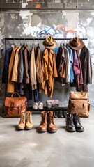 Elevated urban attire arrangement with rack showcasing clothing and various leather footwear