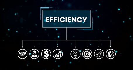 Animated rocket and gear icons representing workflow and progress on digital interface, Efficiency presentation page