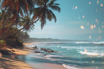 Tropical beach scene with palm trees. Ocean waves gently wash ashore, pale sand stretches to a hazy line of trees. Pastel tones, soft light, and ethereal sparkles