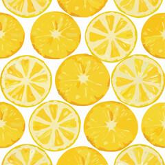 Close-up of a repeating pattern of sliced lemons on a white background.