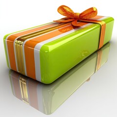 Bright green gift box with orange and gold ribbon