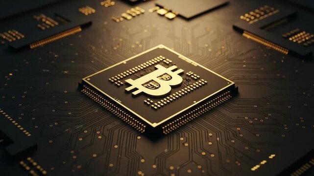 A powerful computer processor with a glowing cryptocurrency symbol, representing the future of digital finance, blockchain technology, and fintech innovation.