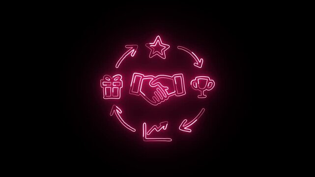 Glowing neon customer loyalty icon animation with black background. HD animated outline of reward program video loop.