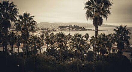 Obraz premium Tropical Coastal Town with Palm Trees and a Distant Island