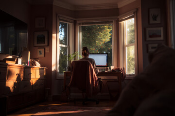 A quiet suburban home office with warm daylight A freelancer uses AI to handle invoices and deadlines The mood feels comfortable and in control