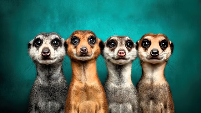 Four Curious Meerkats with Bright Eyes Posing Against Vibrant Background