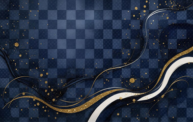 濃紺と金の曲線と市松模様の高級感ある抽象背景