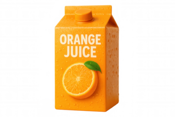 Carton of orange juice with condensation droplets, featuring a sliced orange with a leaf, isolated on a transparent background