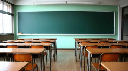 Empty Classroom with Desks and Chalkboard in Bright Learning Environment