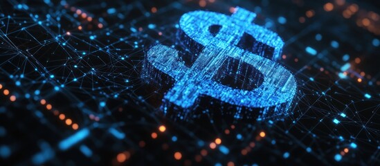 Creative round futuristic dollar sign on dark polygonal background. Crypto, online banking, digital transformation and finance concept. 3D Rendering