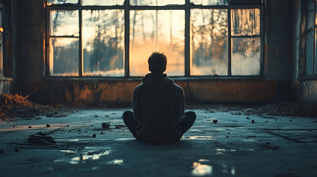 Man meditating alone in abandoned building for mental health and wellness mindfulness and inner peace concept