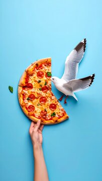 Naklejki Seagull's audacious pizza heist: A whimsical food fantasy against azure skies