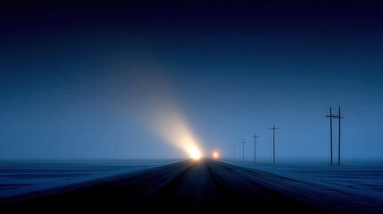 Mysterious Winter Road Under Starry Sky with Distant Headlights
