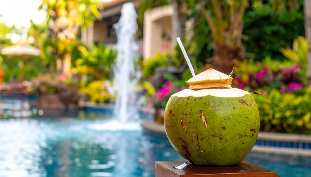 A refreshing coconut drink with a straw sits by a pool with a fountain in a tropical setting. - Powered by Adobe