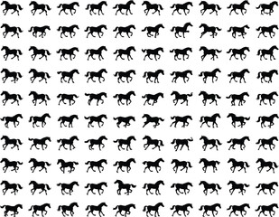 Collection of horse silhouettes in various running and trotting poses, animal vector set, black horse icons, equine motion illustrations, horse shapes.