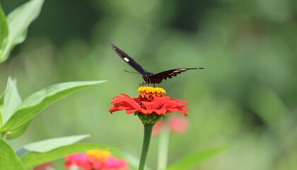 Fototapeta premium Butterfly on a vibrant red flower in a garden