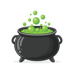 Cartoon illustration of a black cauldron filled with bubbling green potion, with floating bubbles.