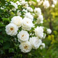 Lush cluster of creamy white roses on a green bush, bathed in soft sunlight