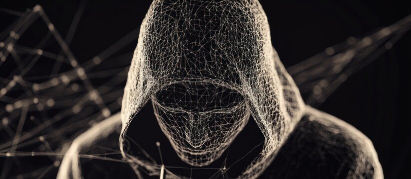 Abstract digital hacker. Cyber security concept. A man wearing a hoodie with a hidden face in front of a computer. Cyber attack and data hack. Fraud man. 3D Render illustration