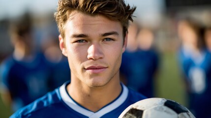 a male teenage soccer player in a blue jersey holding a ball