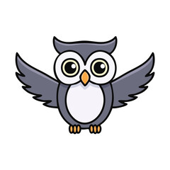 Cartoon illustration of a grey owl with open wings, large eyes, and a friendly expression.