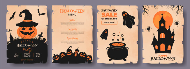Halloween Greeting Card, Party Invitation, Menu, Sale. Happy Halloween Background on Vintage Antique Old Paper Sheets with Ripped Edges. Spooky Banner Template for Scary Creepy Holiday Party Event.