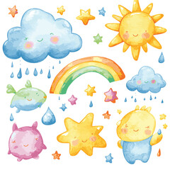 Watercolor New born baby shower elements with happy sun, rainbow, big cloud with rain