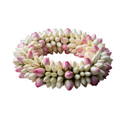 Pink & White Jasmine Garland | Delicate Thai Floral Ring for Worship or Gift – Transparent Background
Elegant jasmine garland in soft pink and white tones, arranged in a circular shape. 
