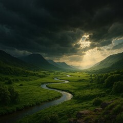 Serene River Winding Through Lush Green Valley Under Dramatic Sky