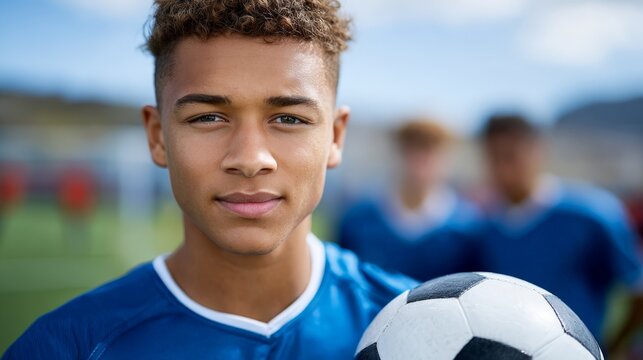 a male teenage soccer player in a blue jersey holding a ball