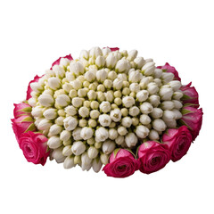 Dome Jasmine Floral Tray | Traditional Thai Garland Offering with Roses – Transparent PNG
High-resolution image of a Thai-style dome floral tray made from pure white jasmine buds and fresh pink roses.