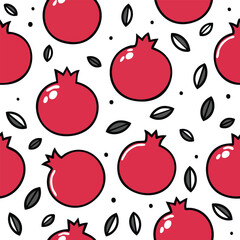 A repeating pattern featuring bright red pomegranates with black leaves and dots on a white background.