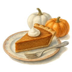 Watercolor Painting of Traditional American Pumpkin Pie with Whipped Cream and Decorative Pumpkins