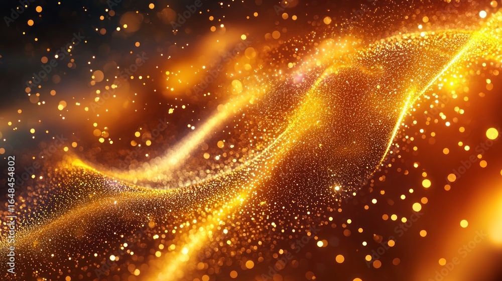 Poster horizontal composition of dynamic golden molecules and neon elements. abstract background