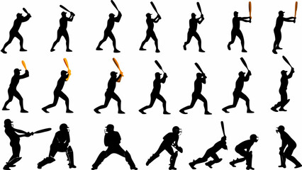 Silhouetted figures of cricket players in various batting stances and protective gear on a white background