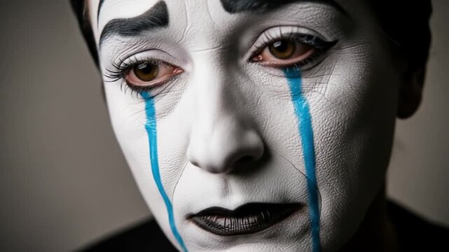 Poignant close-up portrait of a sad mime with painted blue tears, embodying the concept of silent sorrow and theatrical melancholy.