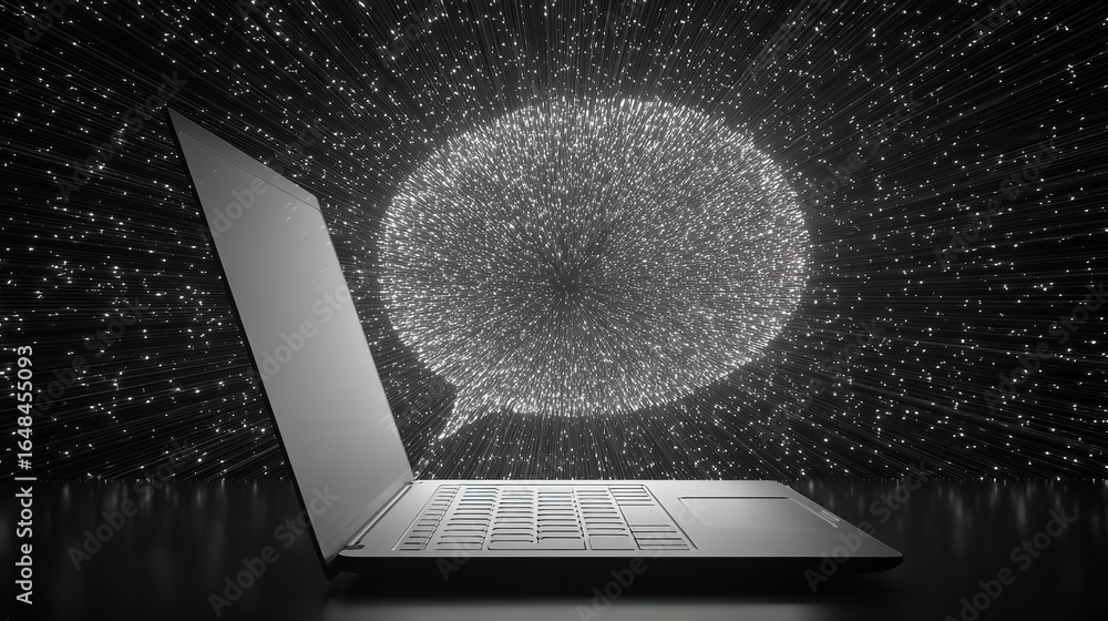 Poster digital dialogue: conceptual laptop presentation with glowing speech bubble background effect for on