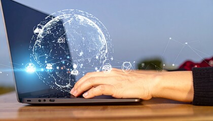 AI and Human Interaction – Digital Head Icon with Laptop Typing and Search Technology Overlay