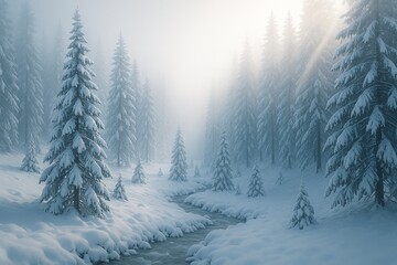 Serene Winter Forest with Snow-Covered Pine Trees and Stream