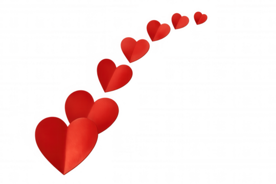 Red paper hearts rising diagonally, symbolizing love and romance against transparent backdrop, perfect for valentine's design