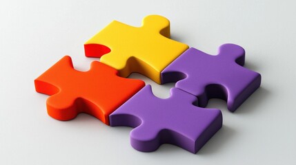 Obraz premium Four yellow, red, orange and purple puzzle pieces in isolated setting, teamwork and togetherness theme, 3d illustration, horizontal image