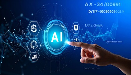 Artificial Intelligence Interface – Glowing AI Circle with Network Icons, Brain, Gear, and Human Interaction