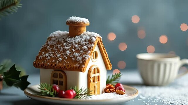 Festive gingerbread house adorned with snow, berries, and evergreen sprigs displayed near a steaming cup