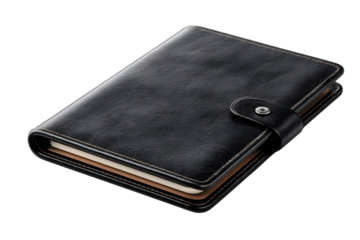 Elegant black leather notebook or diary on a sleek transparent background studio shot