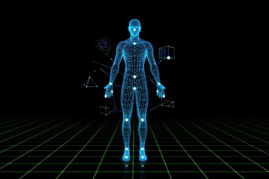 3d rendered illustration of a human body Futuristic Digital Human Figure in Wireframe Style with Glowing Light Effects, Surrounded by Spiral Data Streams on Dark Grid Background – Virtual Reality  - Powered by Adobe